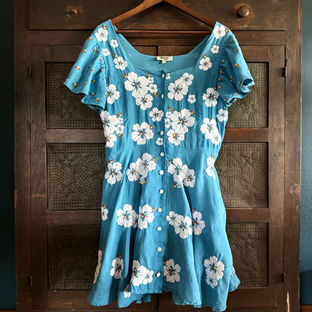 Romantic Blue Floral Button-Front Mini Dress